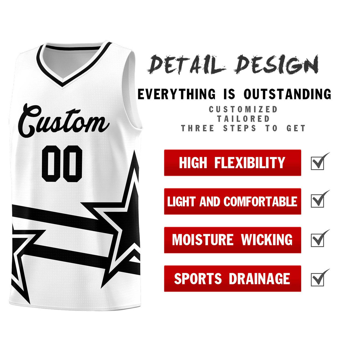 Custom White Basketball Kits With Black Star Pattern And Double Lines