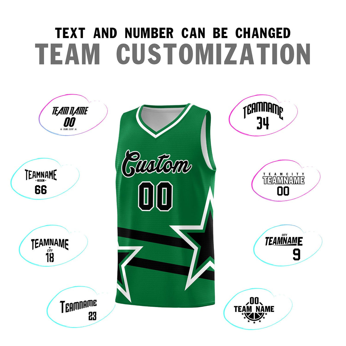 Custom Kelly Green Basketball Kits With Black Star Pattern And Double Lines
