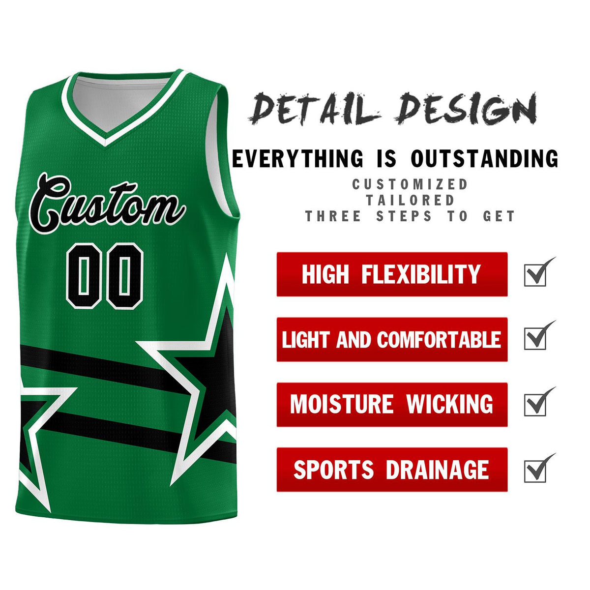 Custom Kelly Green Basketball Kits With Black Star Pattern And Double Lines