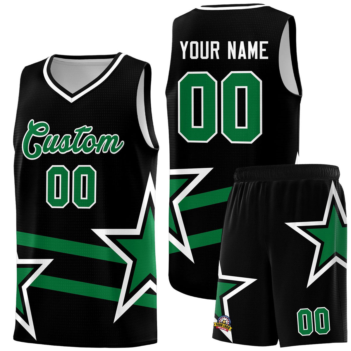 Custom Black Basketball Kits With Kelly Green Star Pattern And Double Lines