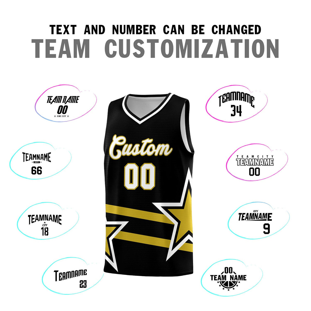 Custom Black Basketball Kits With Old Gold Star Pattern And Double Lines