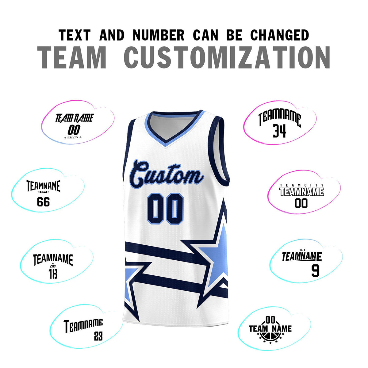 Custom White Basketball Kits With Light Blue Star Pattern And Double Lines