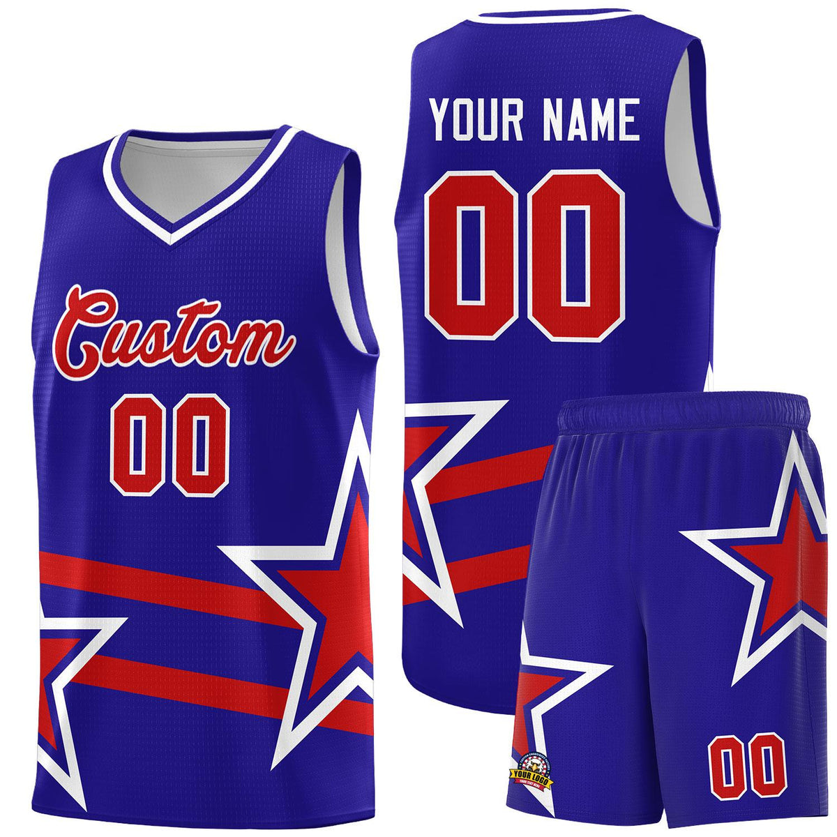 Custom Royal Basketball Kits With Red Star Pattern And Double Lines