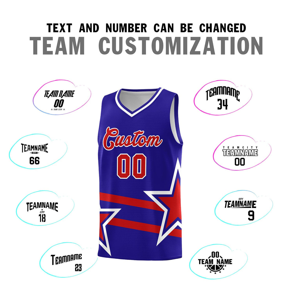 Custom Royal Basketball Kits With Red Star Pattern And Double Lines