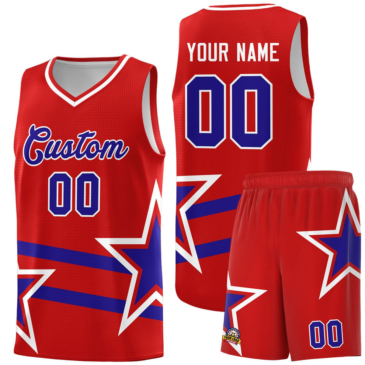 Custom Red Basketball Kits With Royal Star Pattern And Double Lines