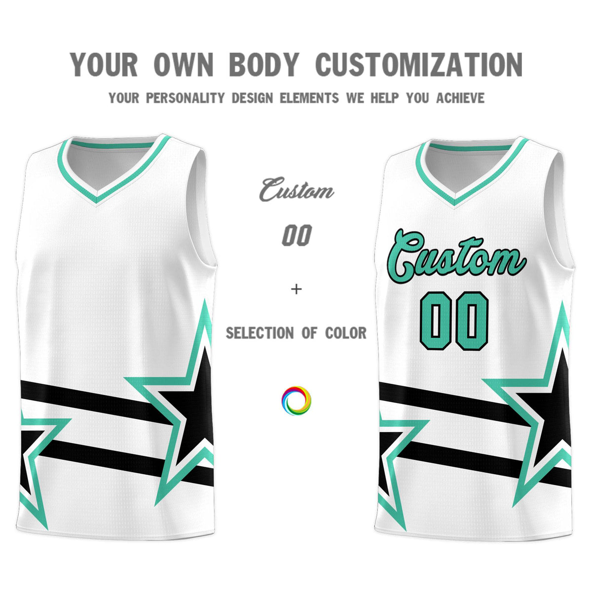 Custom White Basketball Kits With Bright Green Star Pattern And Double Lines