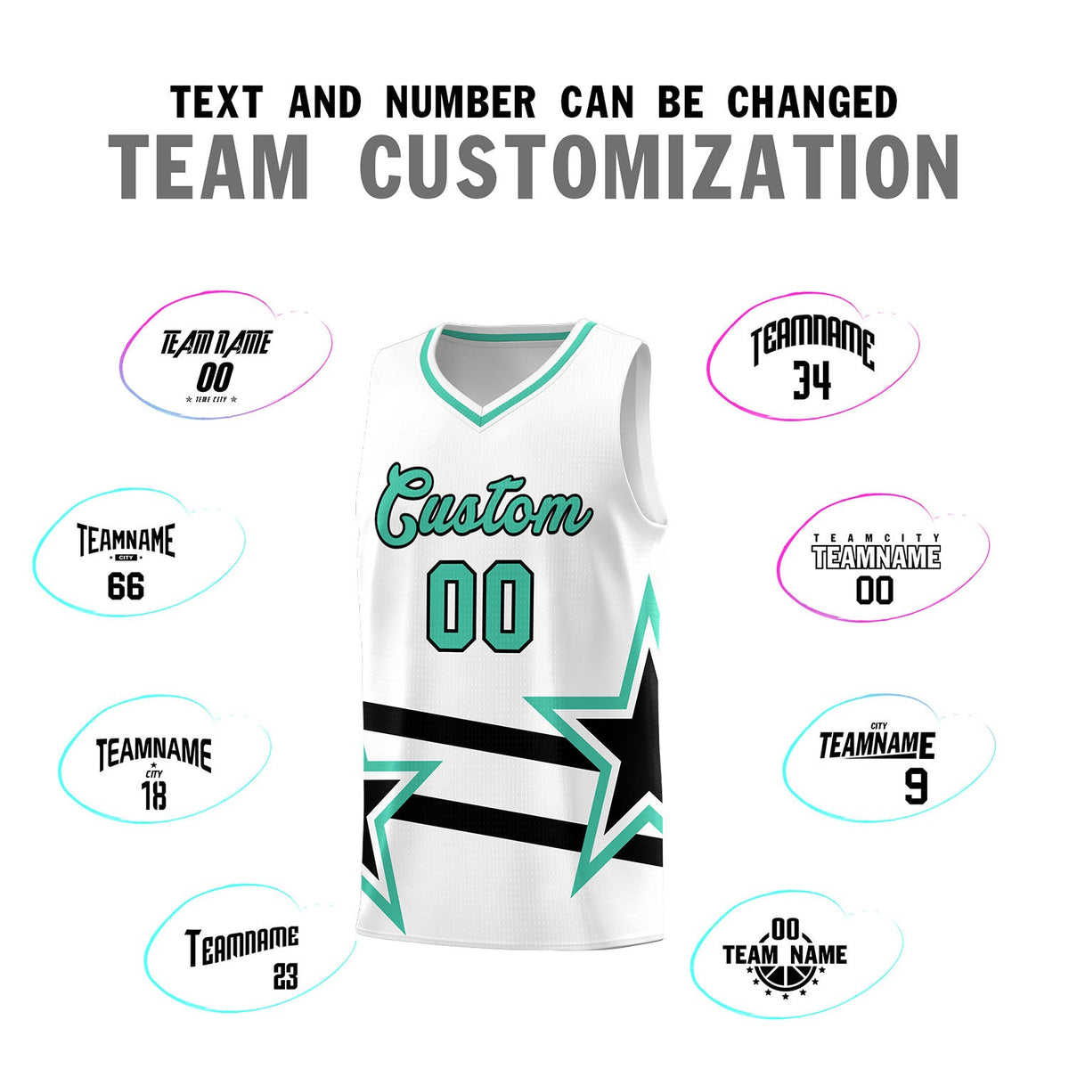 Custom White Basketball Kits With Bright Green Star Pattern And Double Lines
