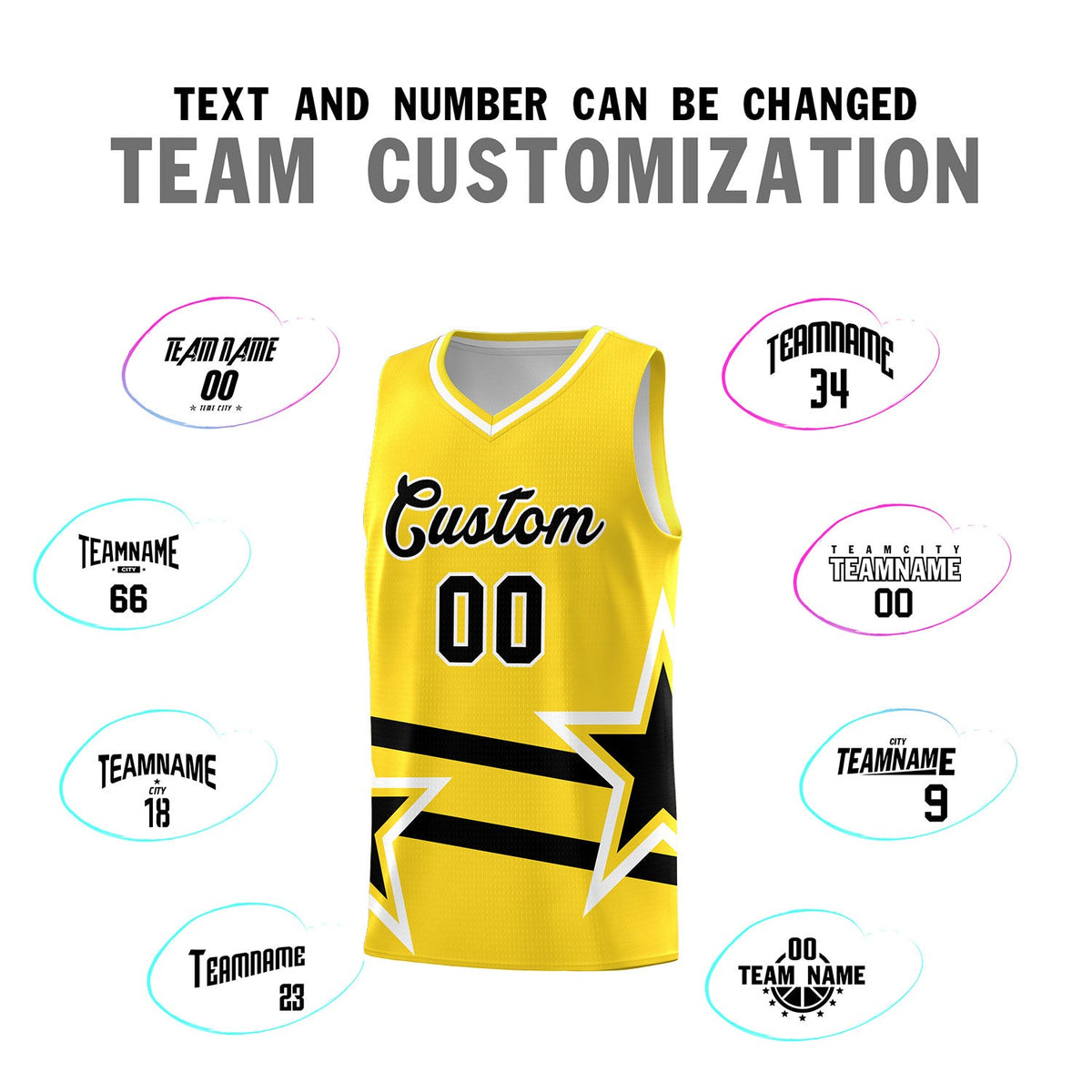 Custom Gold Basketball Kits With Black Star Pattern And Double Lines