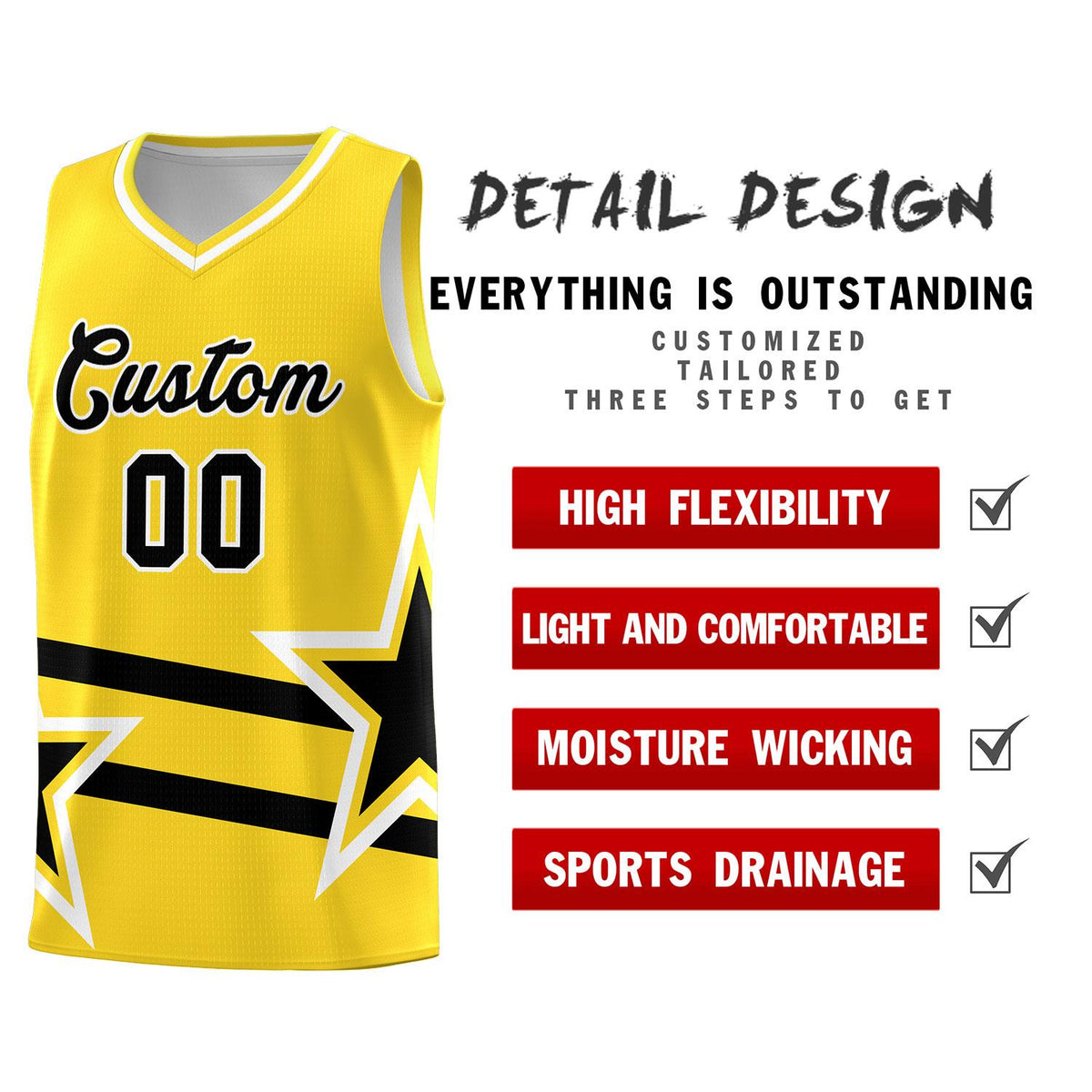 Custom Gold Basketball Kits With Black Star Pattern And Double Lines