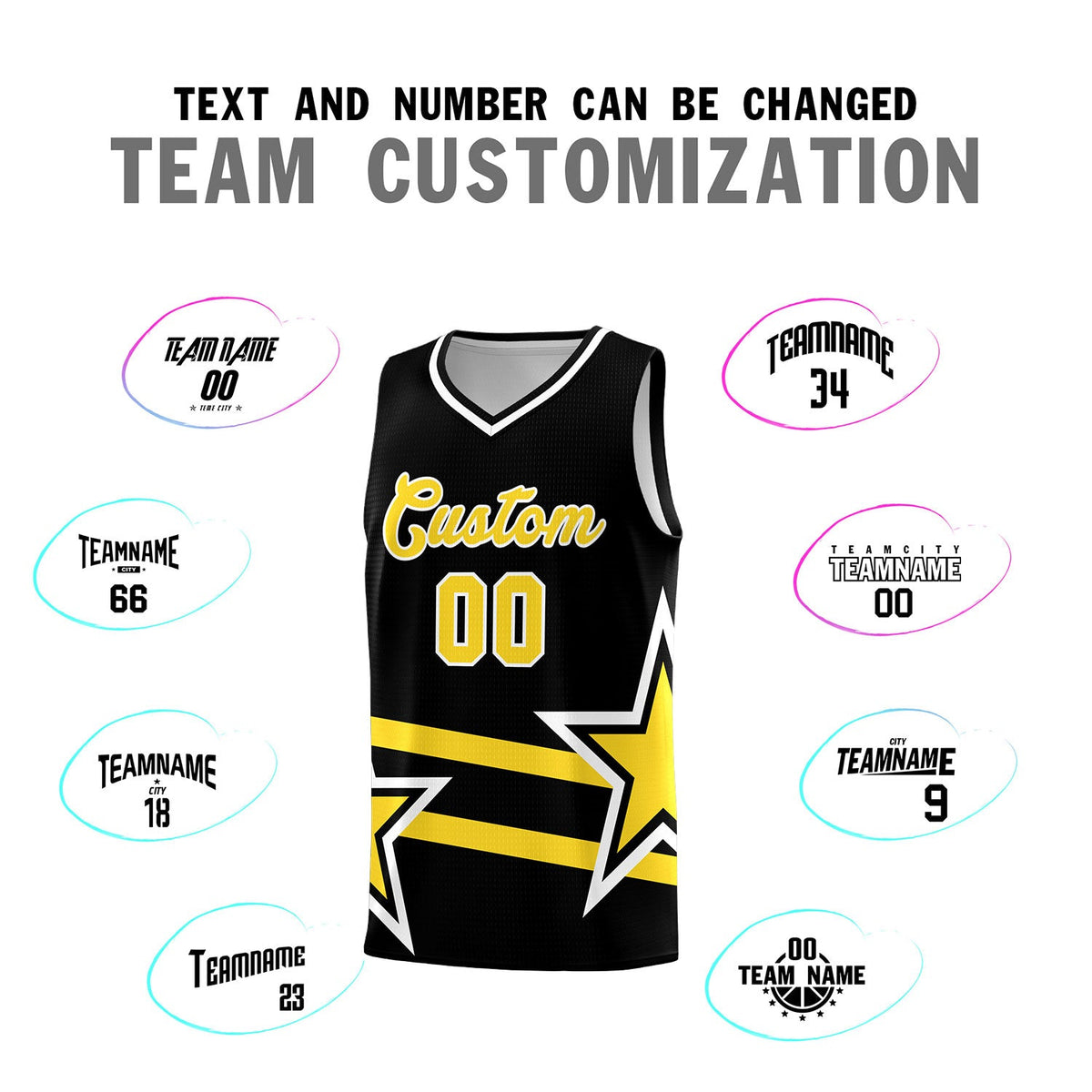 Custom Black Basketball Kits With Gold Star Pattern And Double Lines