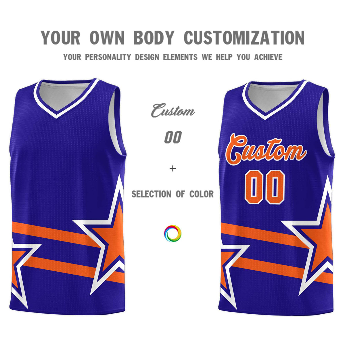 Custom Royal Basketball Kits With Orange Star Pattern And Double Lines