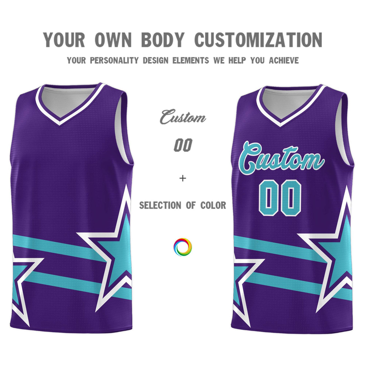 Custom Purple Basketball Kits With Sky Blue Star Pattern And Double Lines