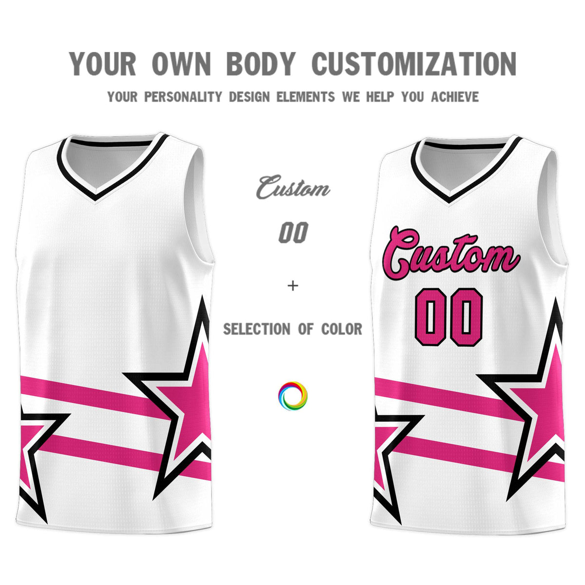 Custom White Basketball Kits With Rose Red Star Pattern And Double Lines