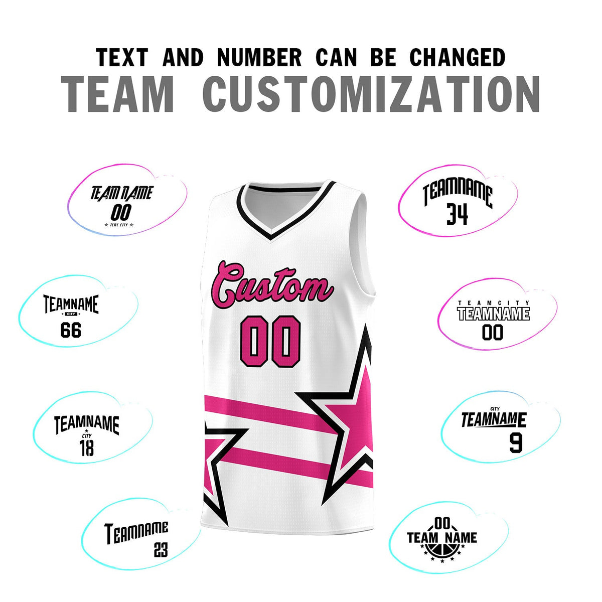 Custom White Basketball Kits With Rose Red Star Pattern And Double Lines