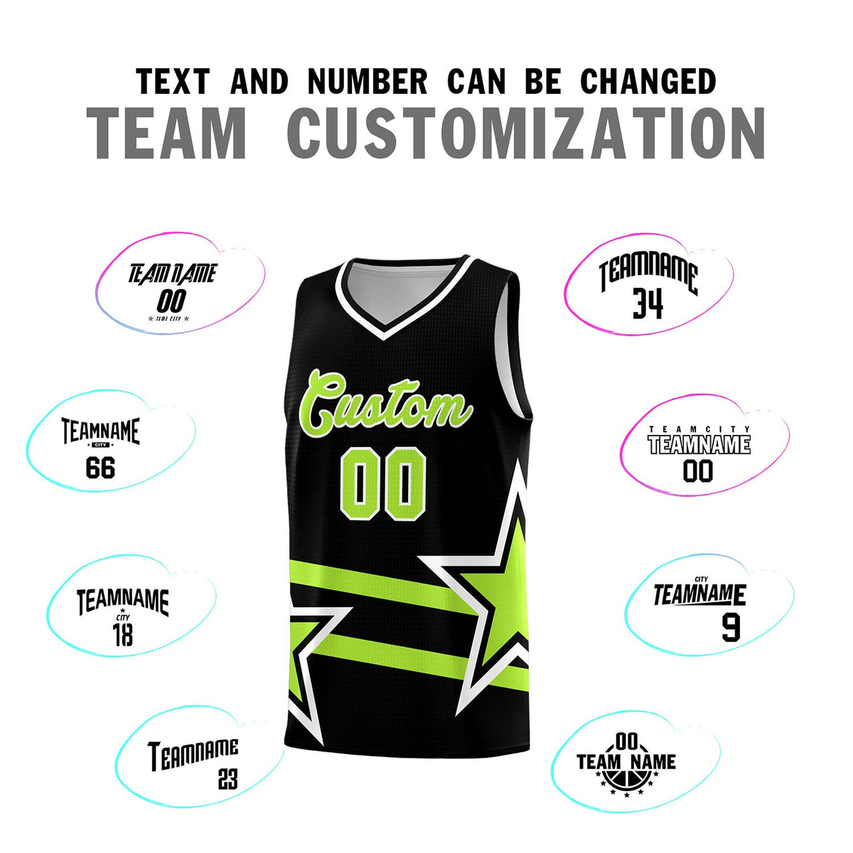 Custom Black Basketball Kits With Neon Green Star Pattern And Double Lines