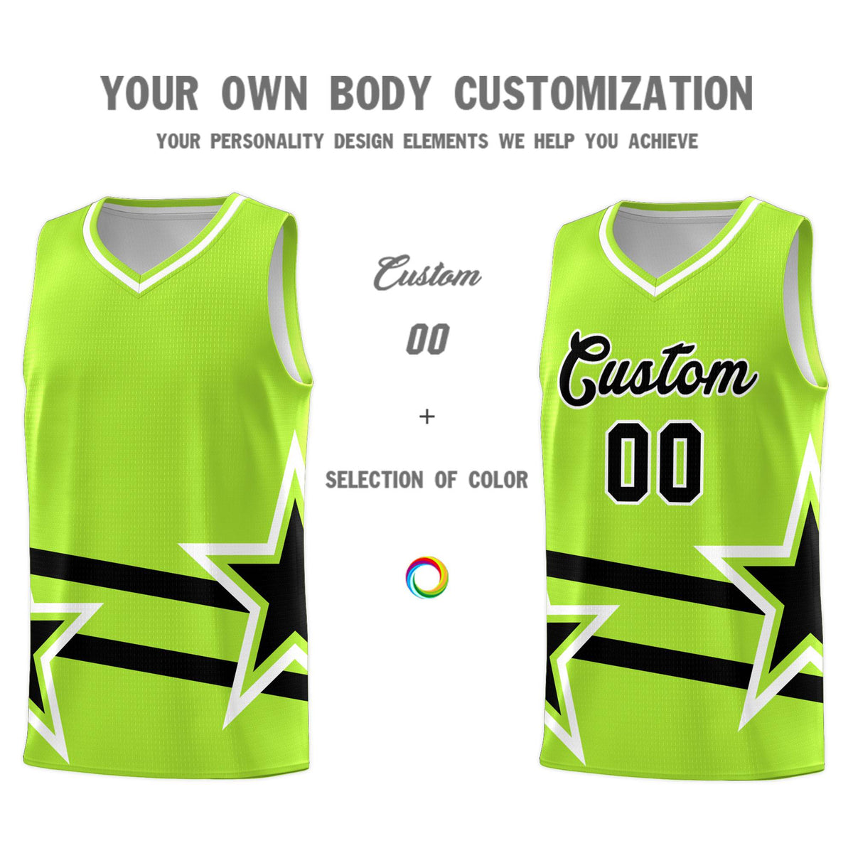 Custom Neon Green Basketball Kits With Black Star Pattern And Double Lines