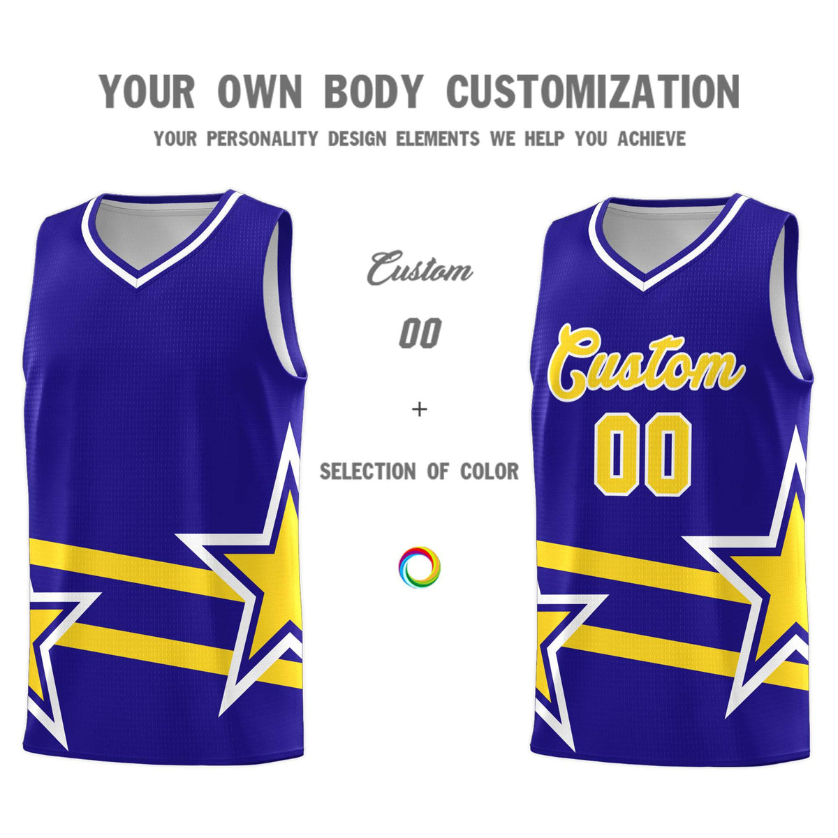 Custom Royal Basketball Kits With Gold Star Pattern And Double Lines
