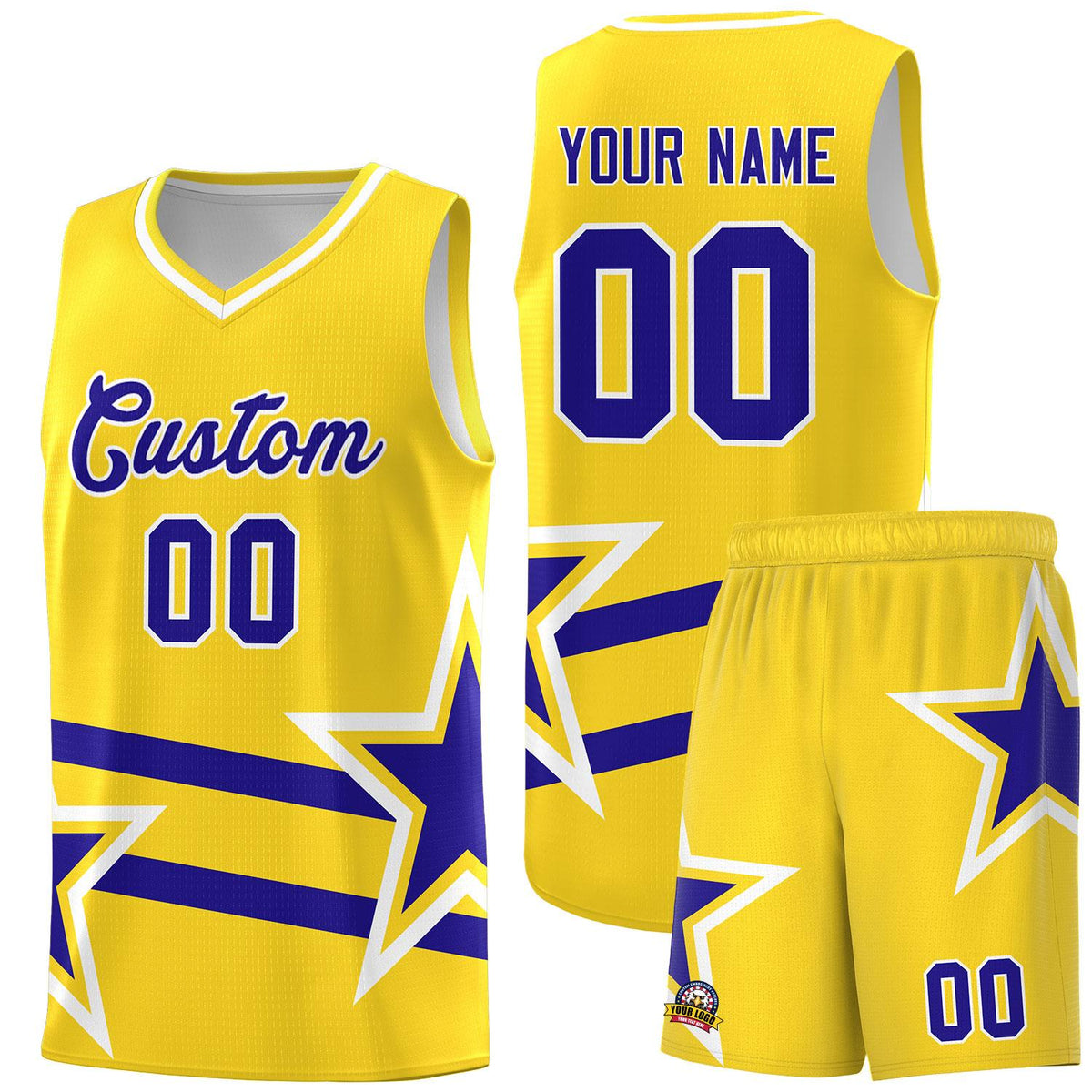 Custom Gold Basketball Kits With Royal Star Pattern And Double Lines