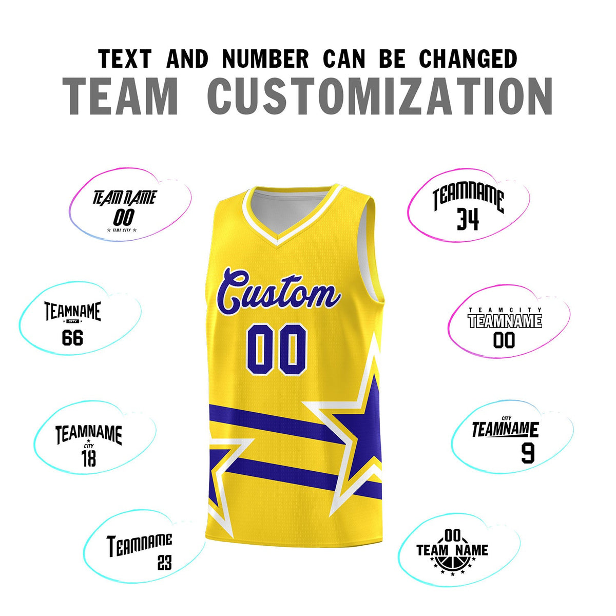 Custom Gold Basketball Kits With Royal Star Pattern And Double Lines