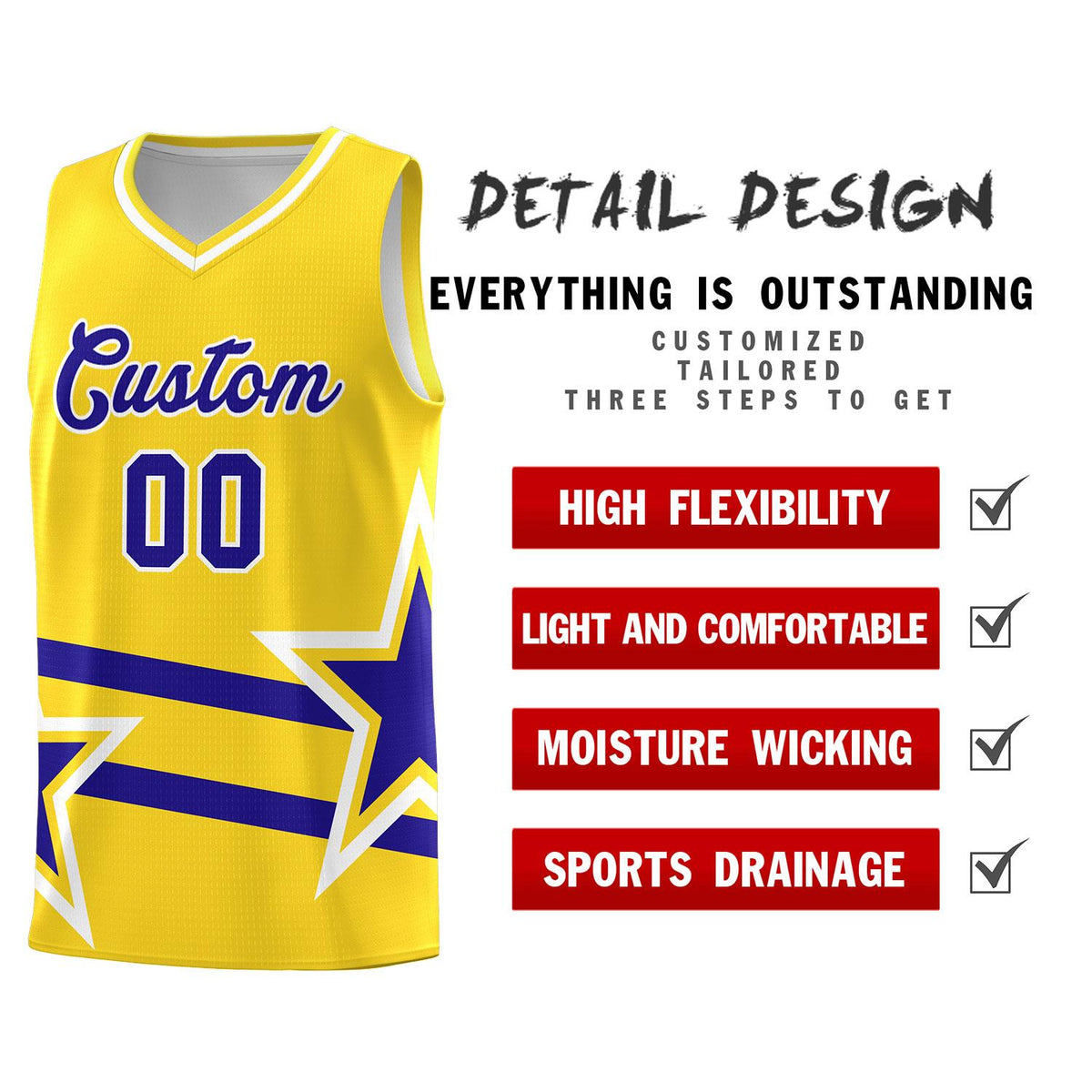 Custom Gold Basketball Kits With Royal Star Pattern And Double Lines