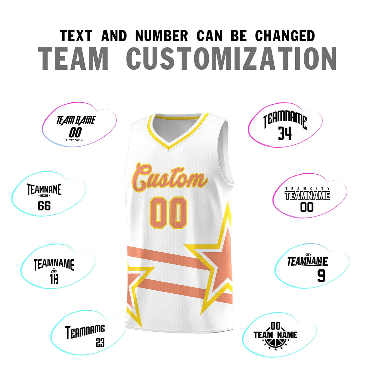 Custom White Basketball Kits With Light Orange Star Pattern And Double Lines