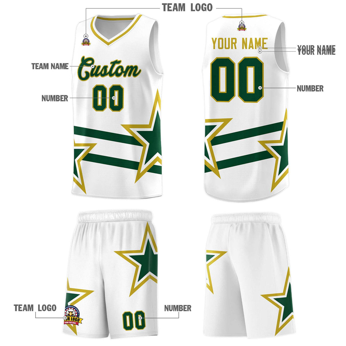 Custom White Basketball Kits With Green Star Pattern And Double Lines