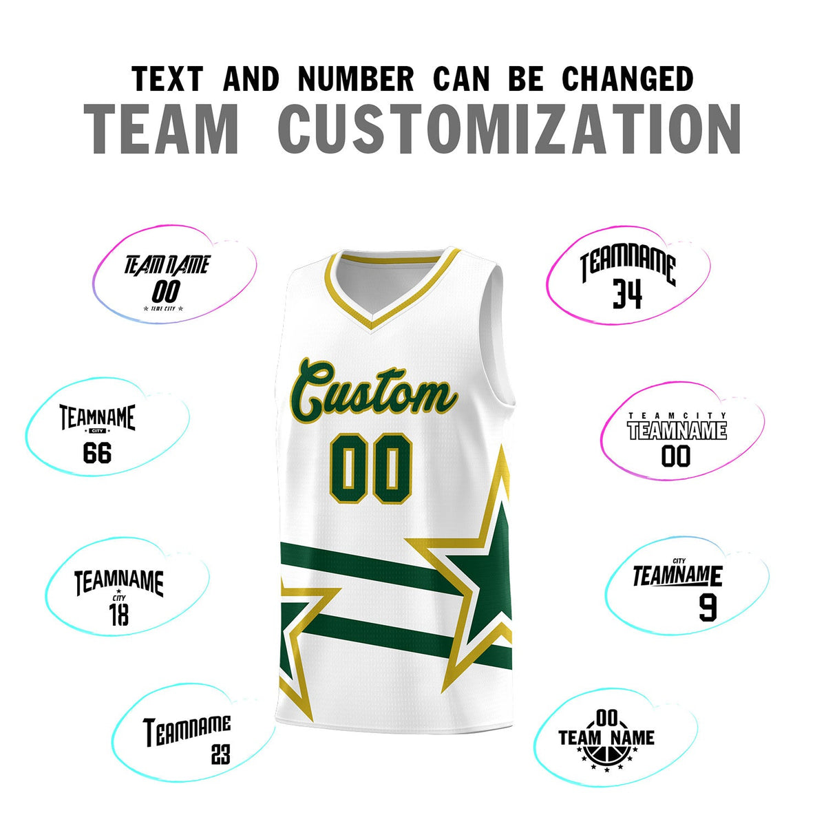 Custom White Basketball Kits With Green Star Pattern And Double Lines
