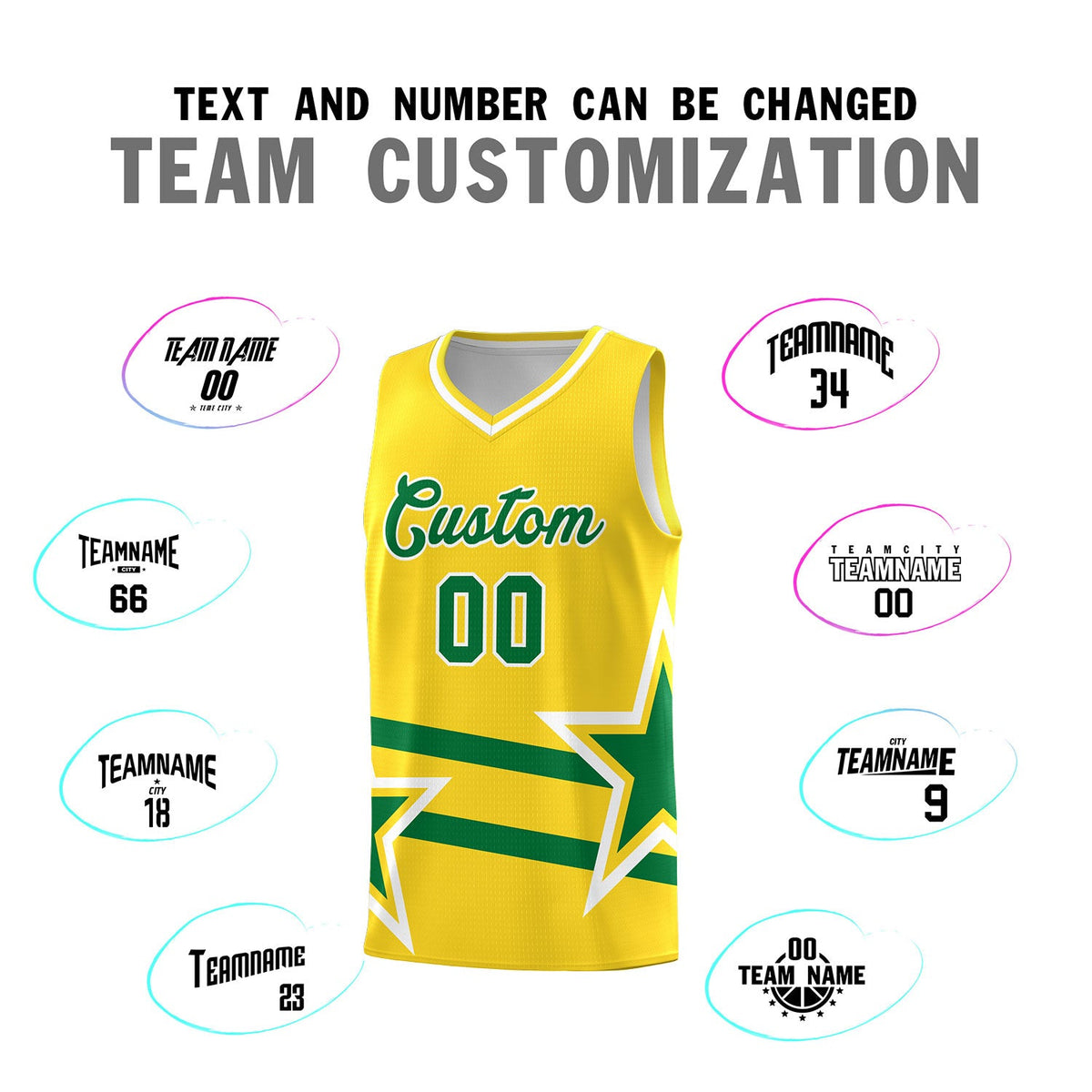 Custom Gold Basketball Kits With Kelly Green Star Pattern And Double Lines
