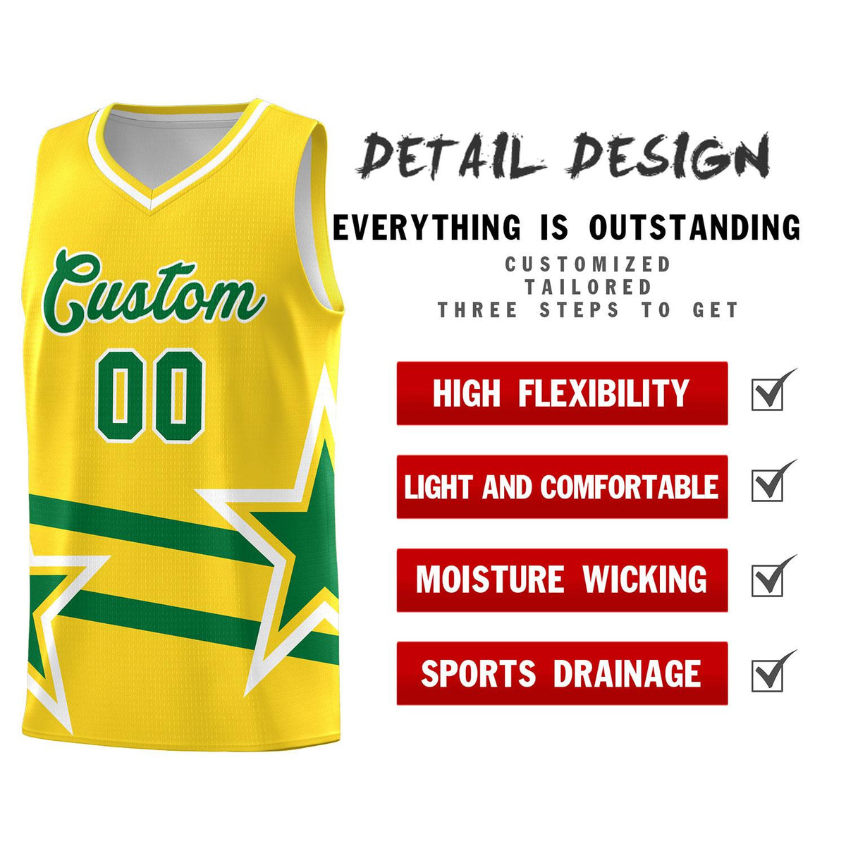 Custom Gold Basketball Kits With Kelly Green Star Pattern And Double Lines