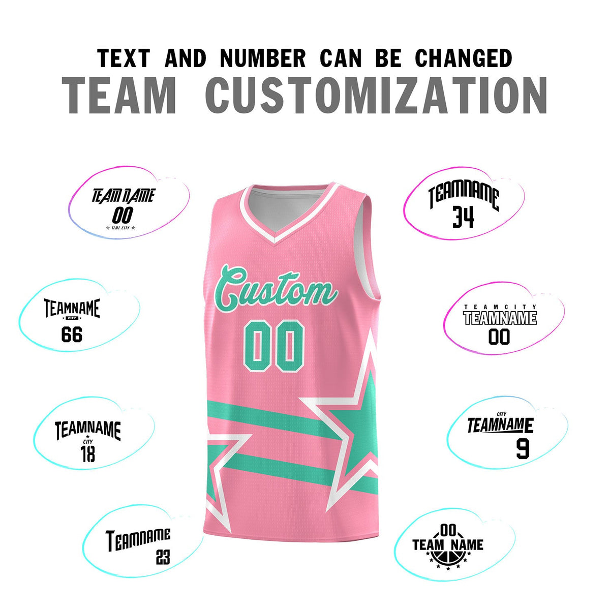 Custom Light Pink Basketball Kits With Bright Green Star Pattern And Double Lines