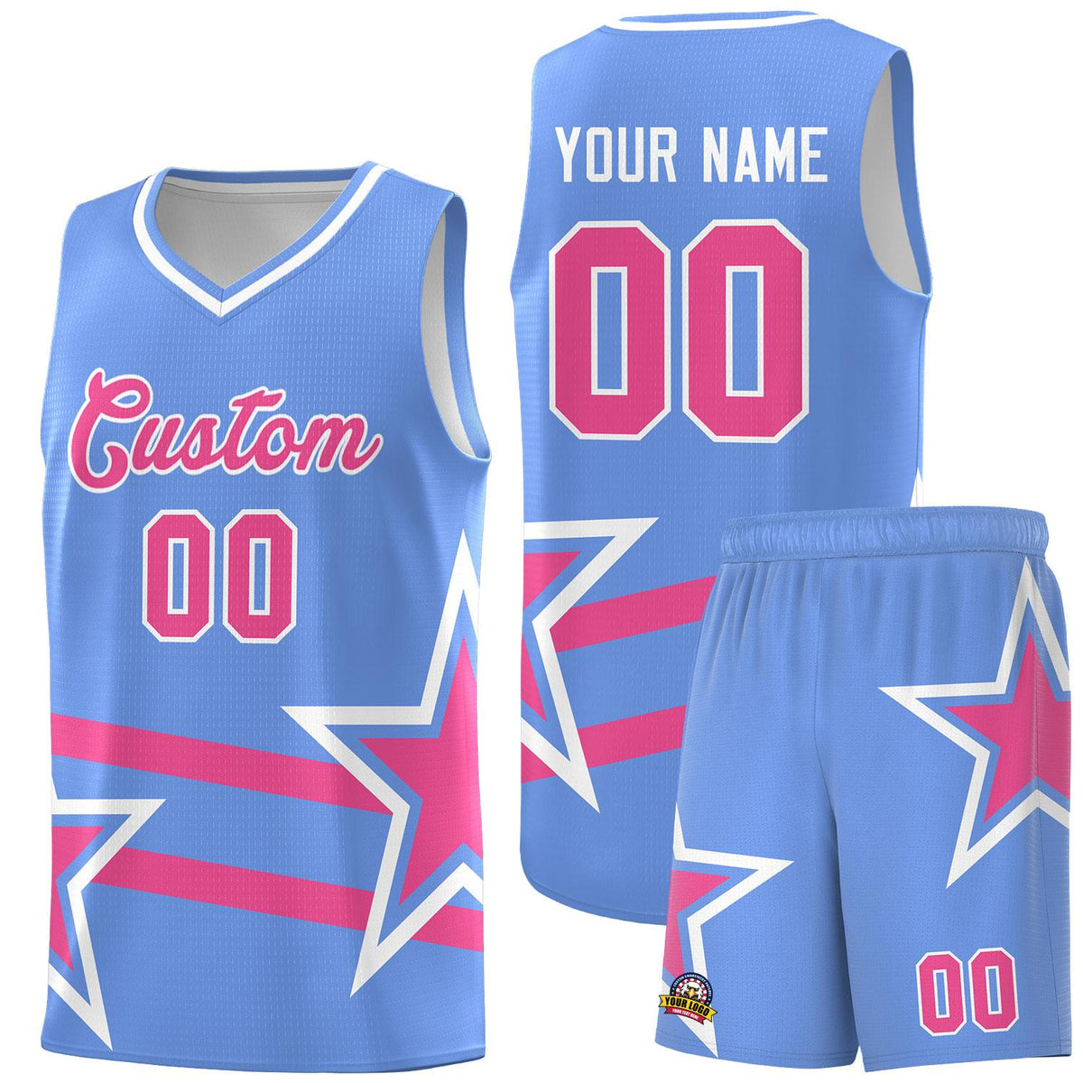 Custom Light Blue Basketball Kits With Pink Star Pattern And Double Lines