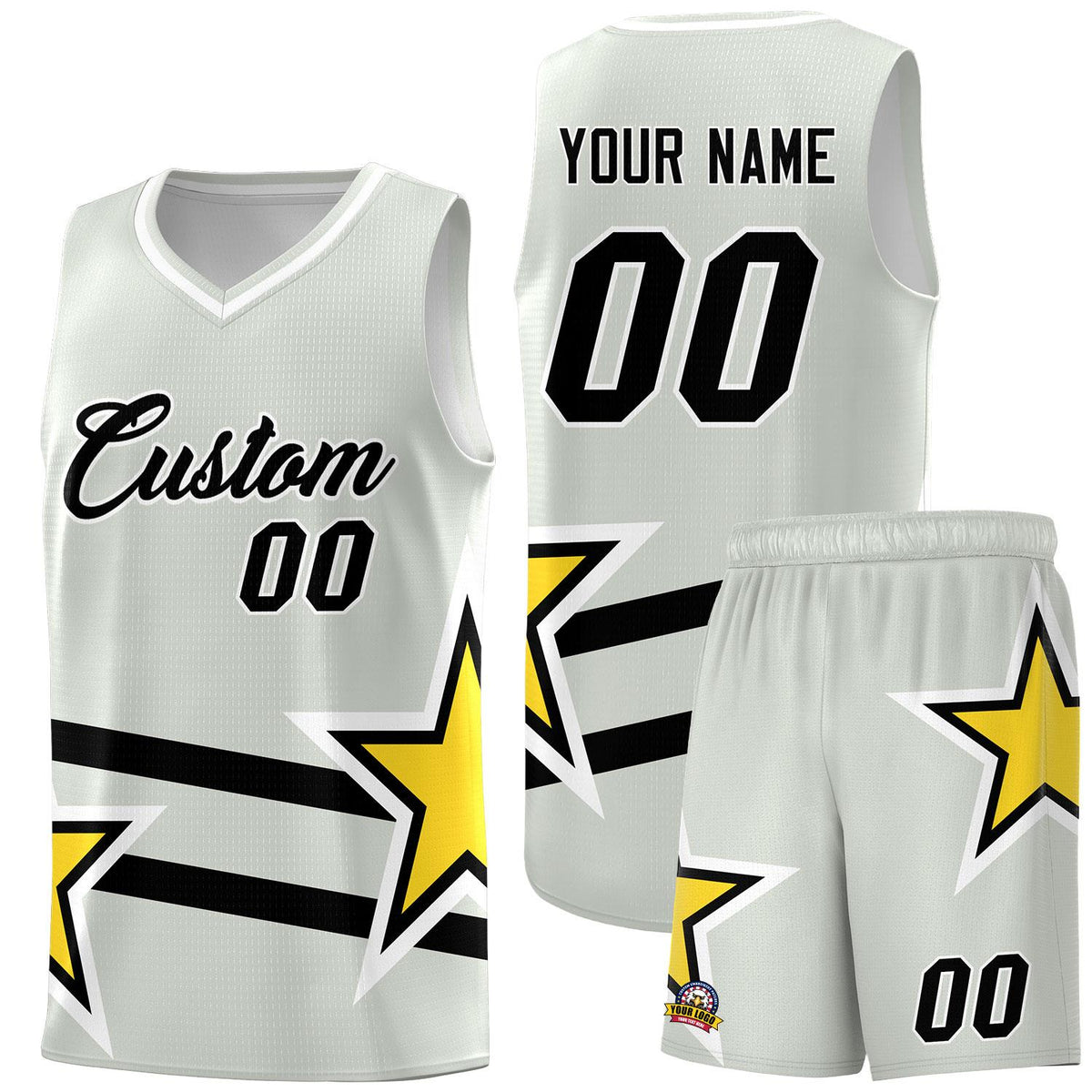 Custom Gray Basketball Kits With Gold Star Pattern And Double Lines