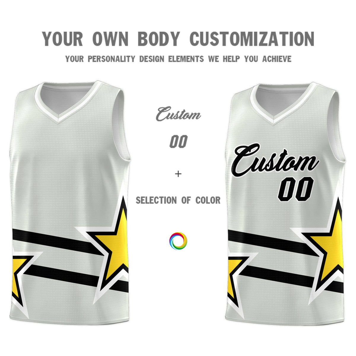 Custom Gray Basketball Kits With Gold Star Pattern And Double Lines