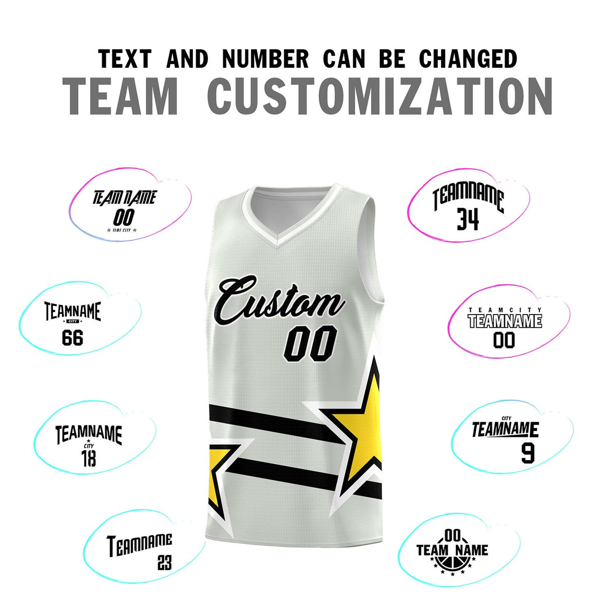 Custom Gray Basketball Kits With Gold Star Pattern And Double Lines
