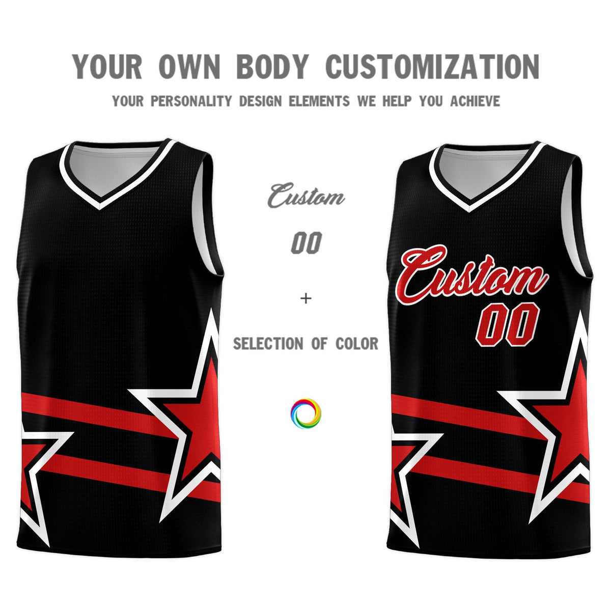 Custom Black Basketball Kits With Red Star Pattern And Double Lines
