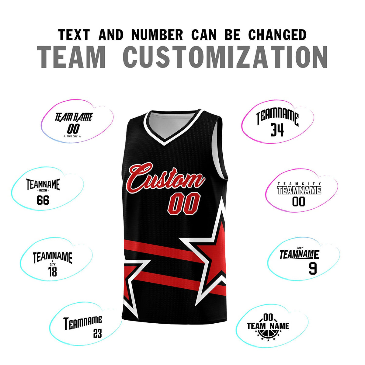 Custom Black Basketball Kits With Red Star Pattern And Double Lines