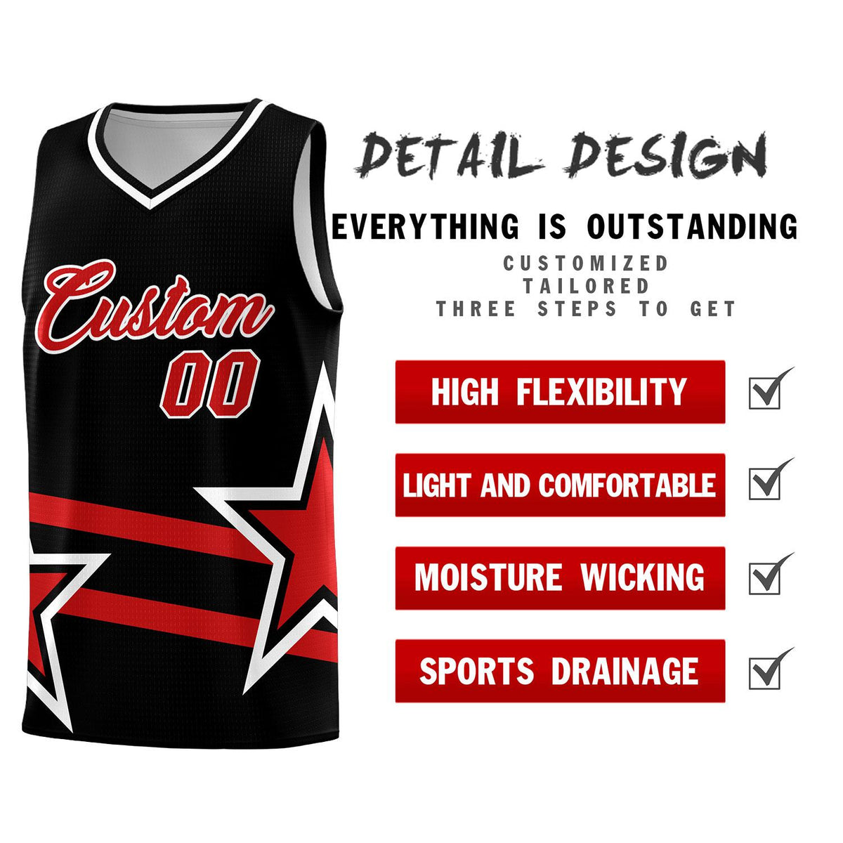 Custom Black Basketball Kits With Red Star Pattern And Double Lines