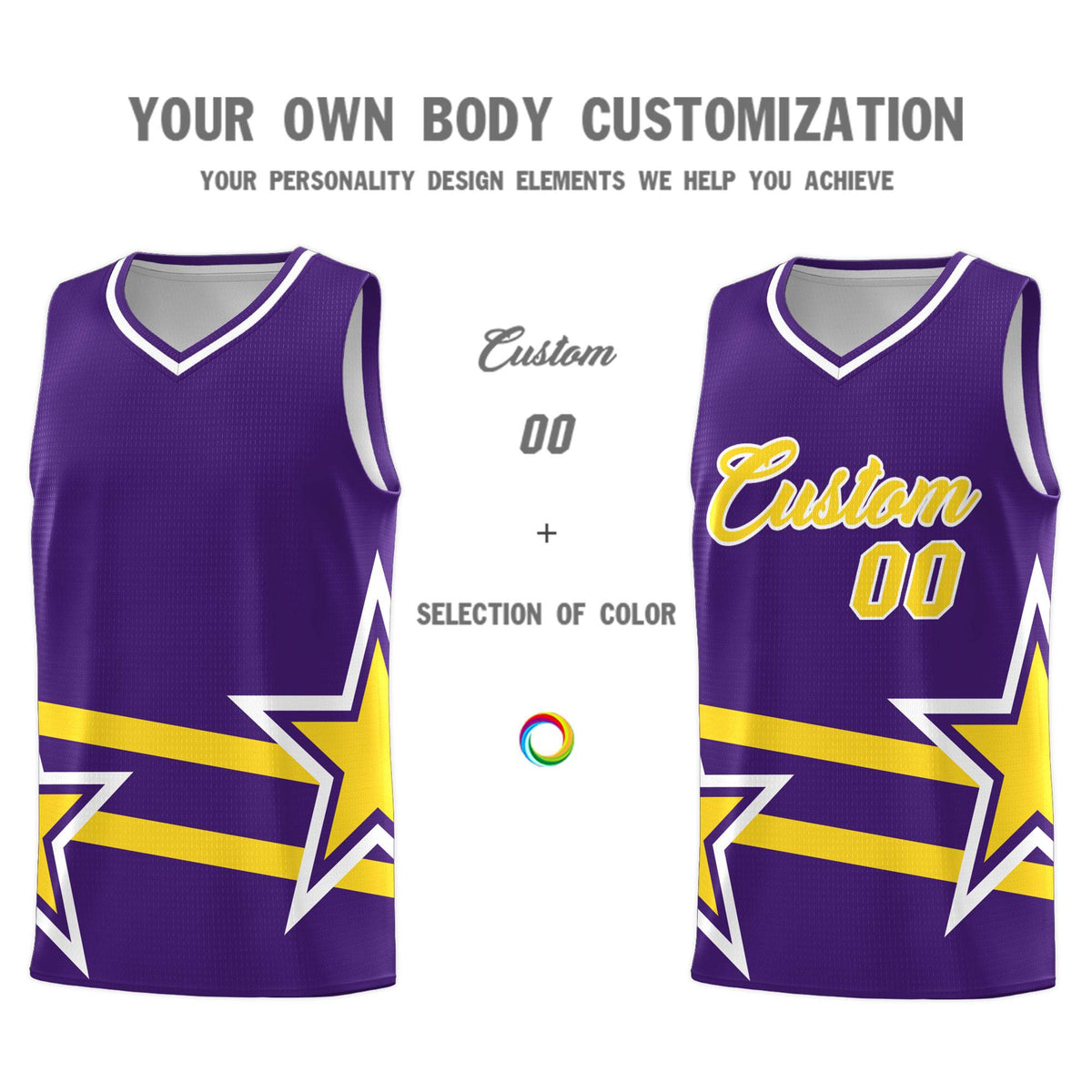 Custom Purple Basketball Kits With Gold Star Pattern And Double Lines