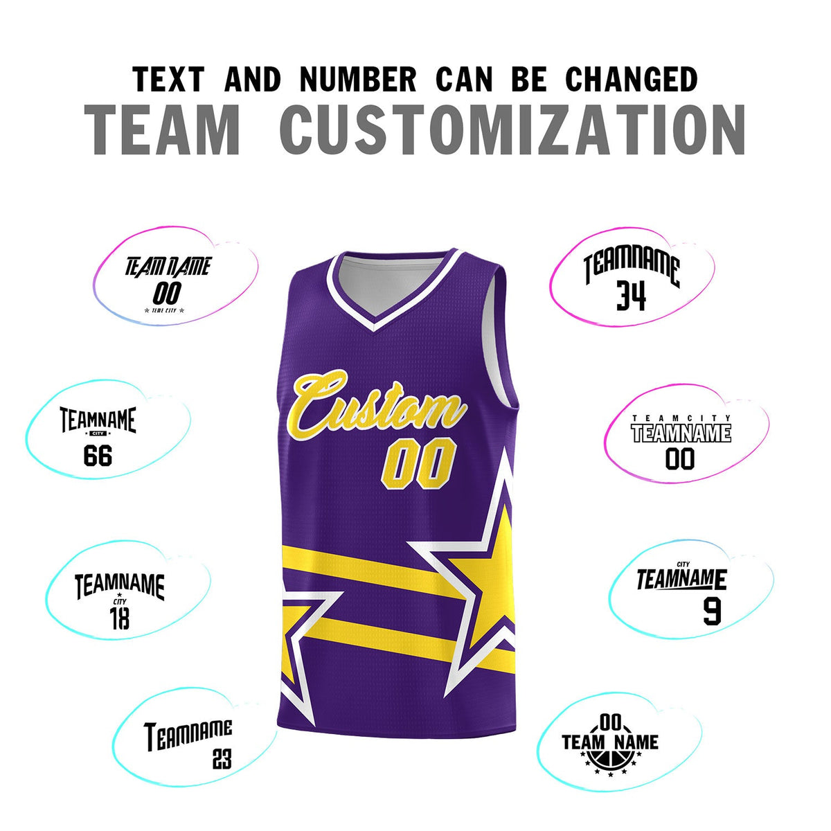 Custom Purple Basketball Kits With Gold Star Pattern And Double Lines