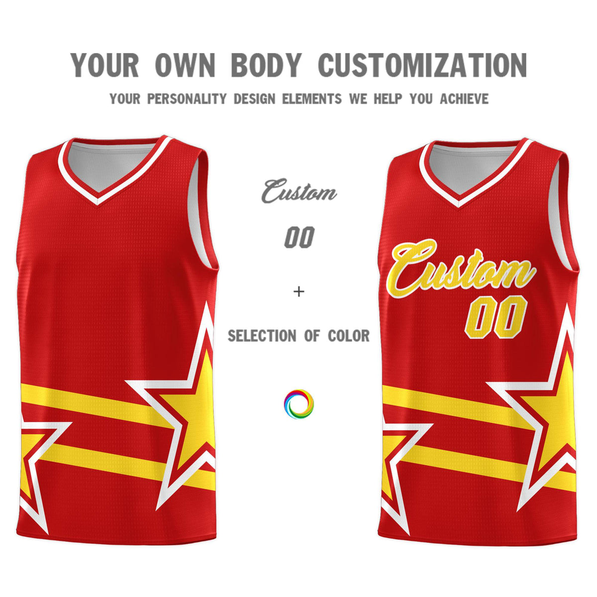 Custom Red Basketball Kits With Gold Star Pattern And Double Lines