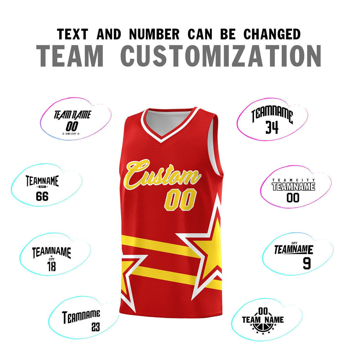Custom Red Basketball Kits With Gold Star Pattern And Double Lines