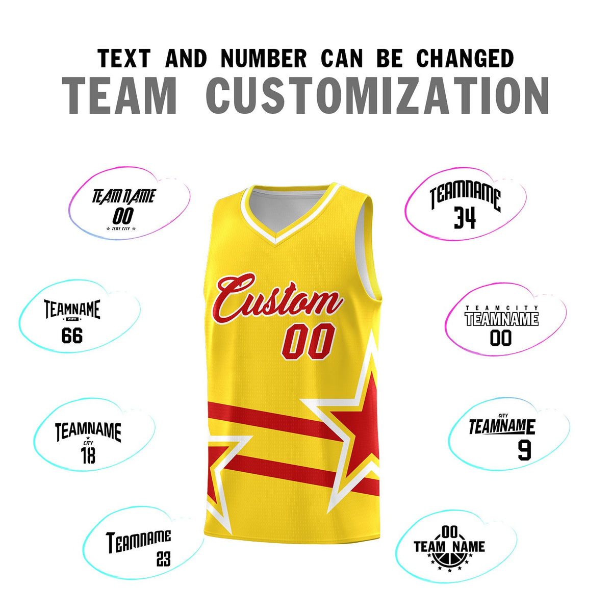 Custom Gold Basketball Kits With Red Star Pattern And Double Lines