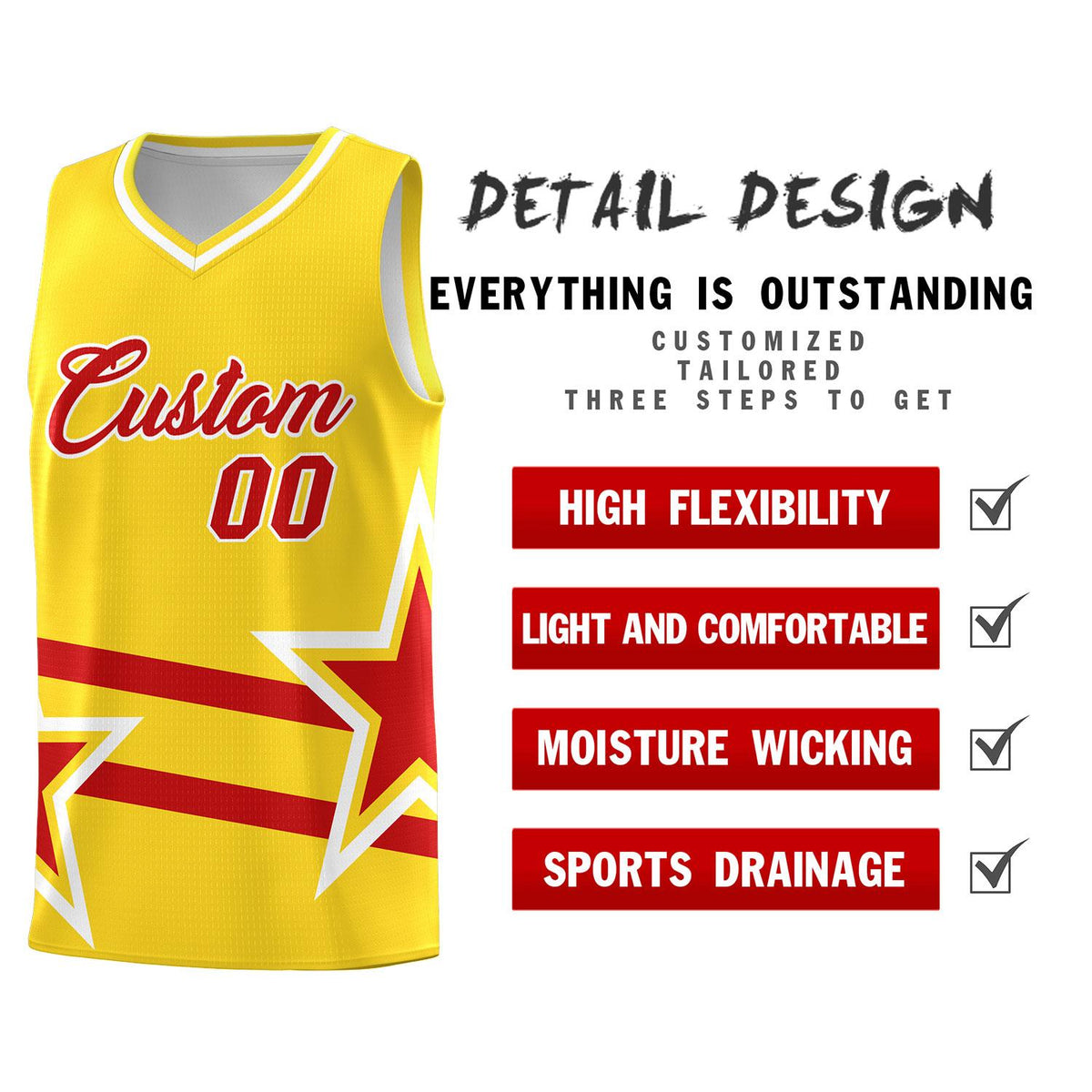Custom Gold Basketball Kits With Red Star Pattern And Double Lines