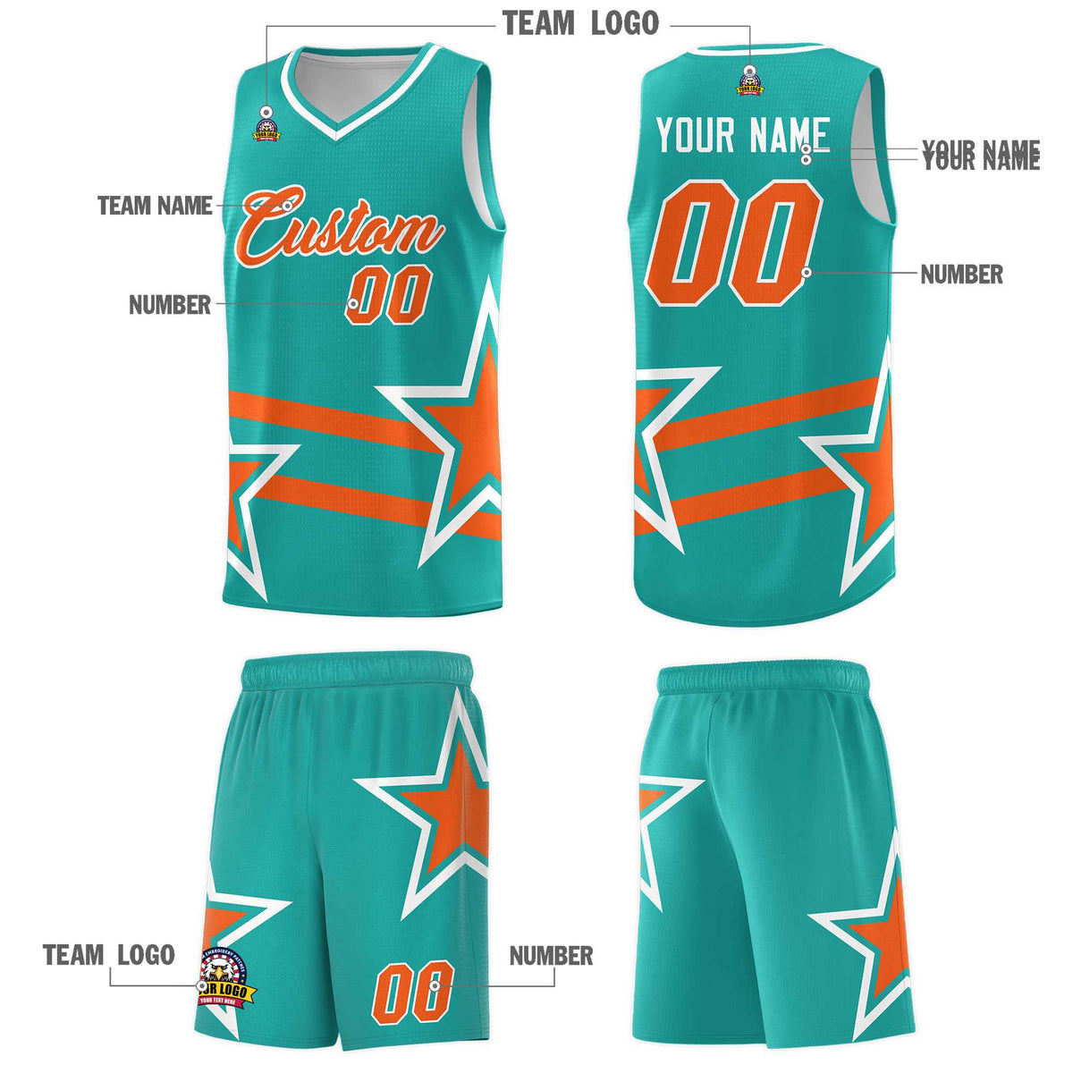 Custom Aqua Basketball Kits With Orange Star Pattern And Double Lines