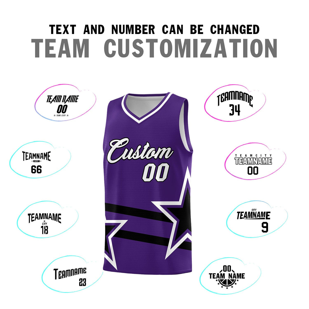 Custom Purple Basketball Kits With Black Star Pattern And Double Lines