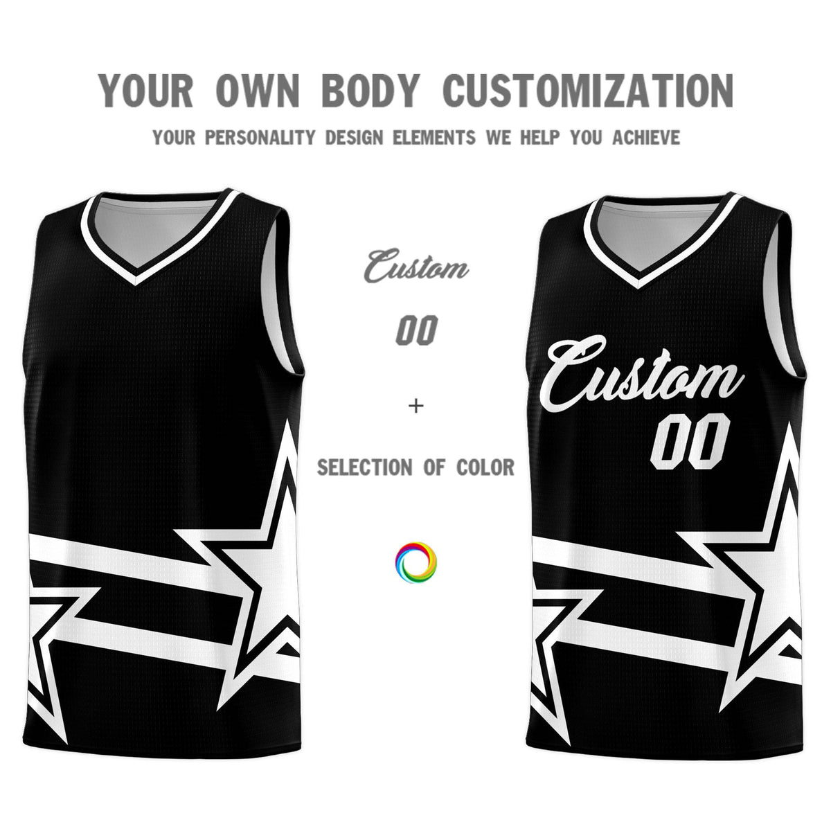 Custom Black Basketball Kits With White Star Pattern And Double Lines