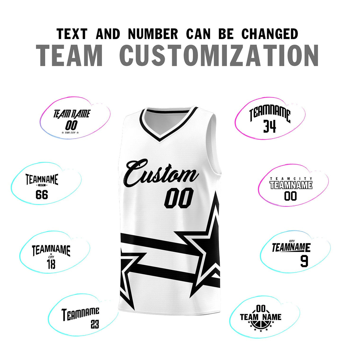 Custom White Basketball Kits With Black Star Pattern And Double Lines