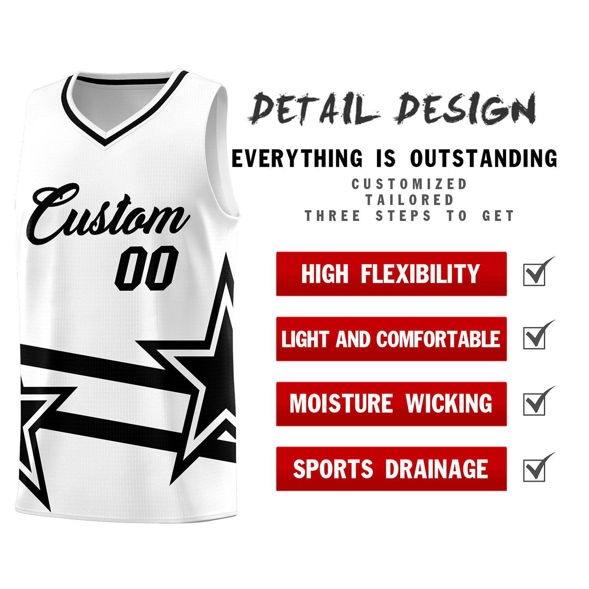Custom White Basketball Kits With Black Star Pattern And Double Lines