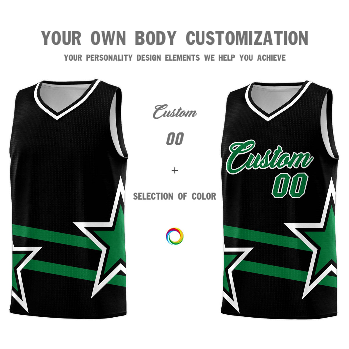 Custom Black Basketball Kits With Kelly Green Star Pattern And Double Lines