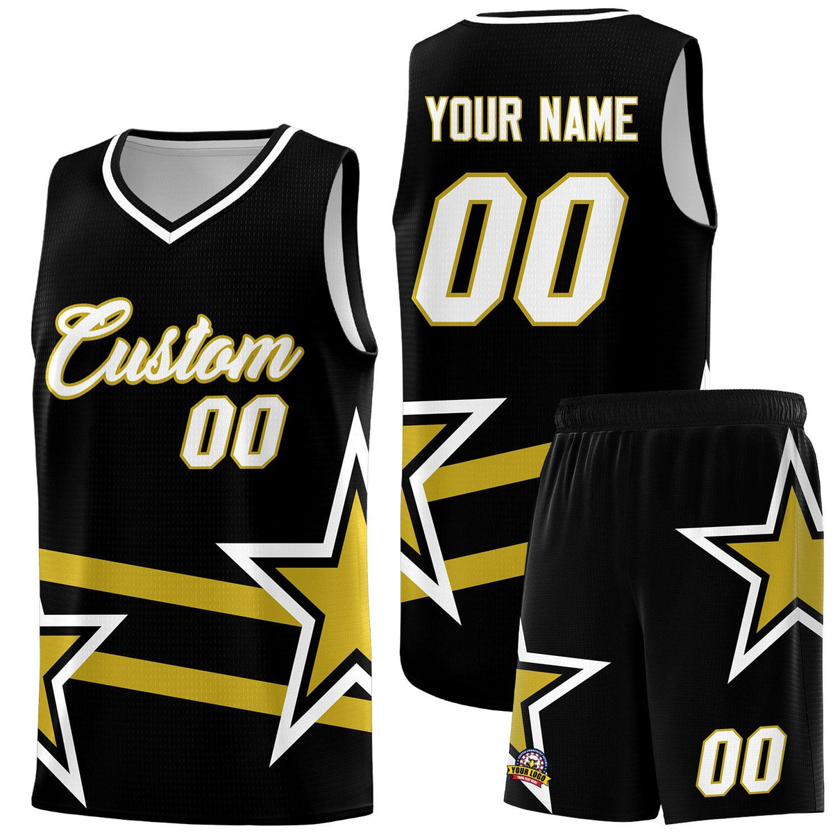 Custom Black Basketball Kits With Old Gold Star Pattern And Double Lines